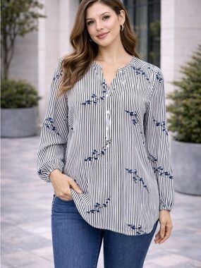 Anthro Grand & Greene Striped Floral Henley Blouse High Low